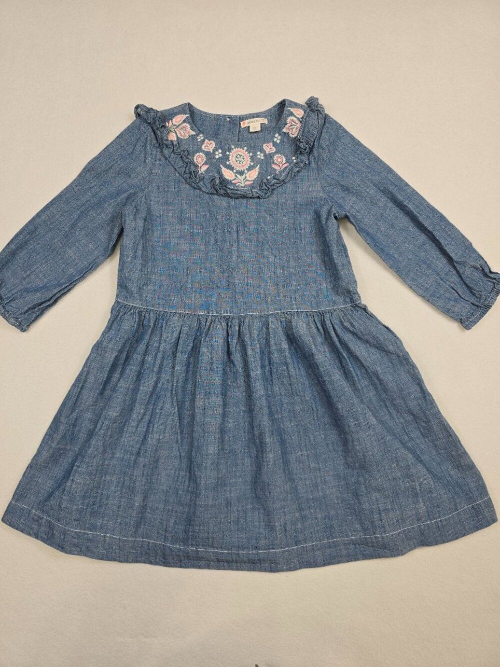 Crewcuts Girls Embroidered Chambray Dress Size 8 100% Cotton Long Sleeve